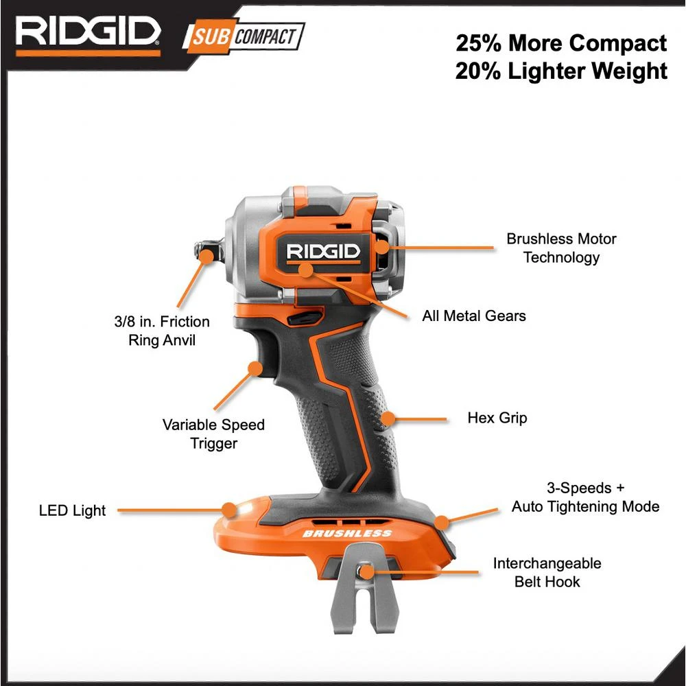 RIDGID 18V SubCompact Li-Ion Brushless 1/2 In. Drill Kit With 3/8 In. Impact Wrench, (2) 2.0 Ah Battery, Charger, And Bag 11 RIDGID 18V SubCompact Li-Ion Brushless 1/2 In. Drill Kit With 3/8 In. Impact Wrench, (2) 2.0 Ah Battery, Charger, And Bag - Image 9