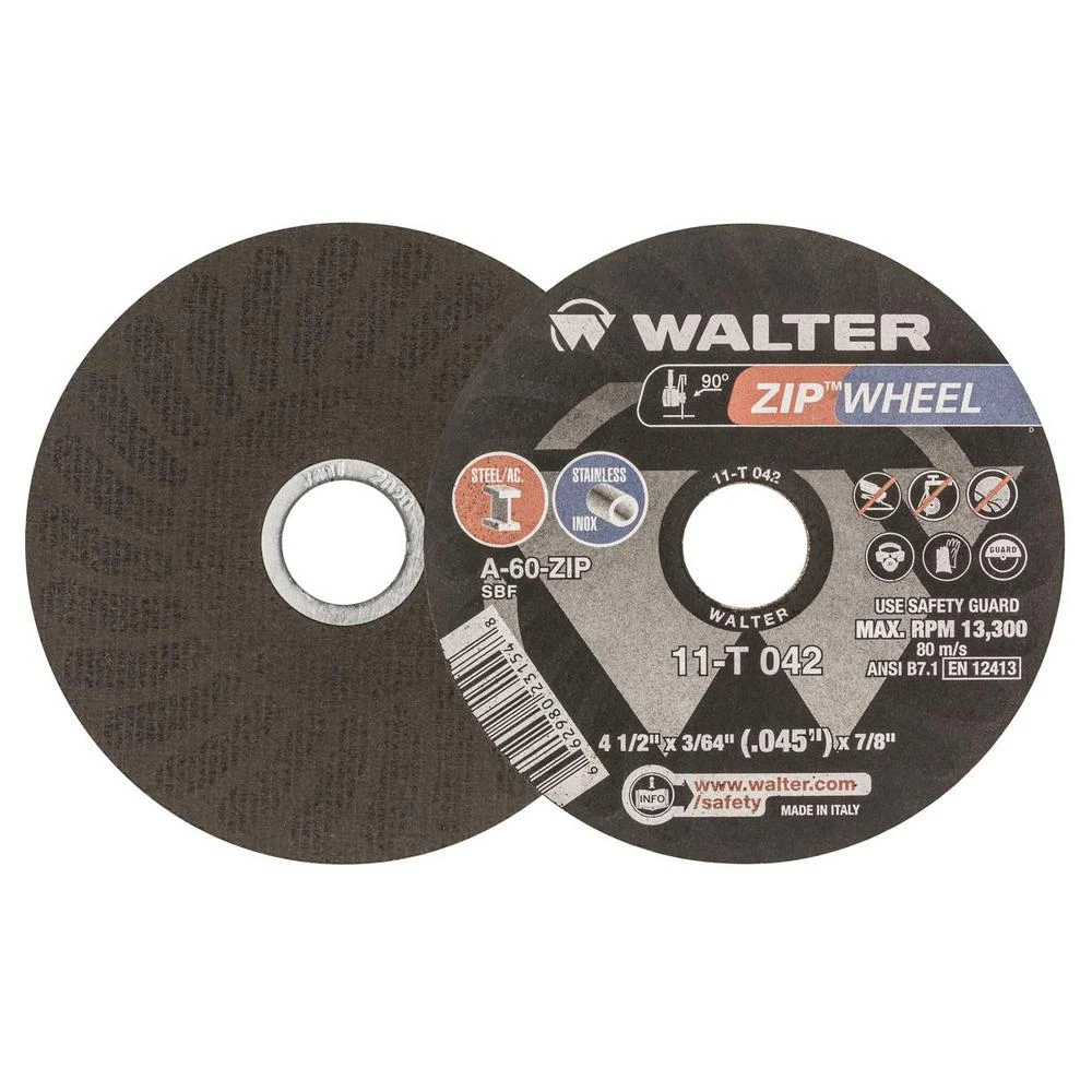 WALTER SURFACE TECHNOLOGIES Zip Wheel 4.5 In. X 7/8 In. Arbor X 3/64 In. GR 36/60, Highest Performing Cut-Off Wheel (25-Pack) 3 WALTER SURFACE TECHNOLOGIES Zip Wheel 4.5 In. X 7/8 In. Arbor X 3/64 In. GR 36/60, Highest Performing Cut-Off Wheel (25-Pack)
