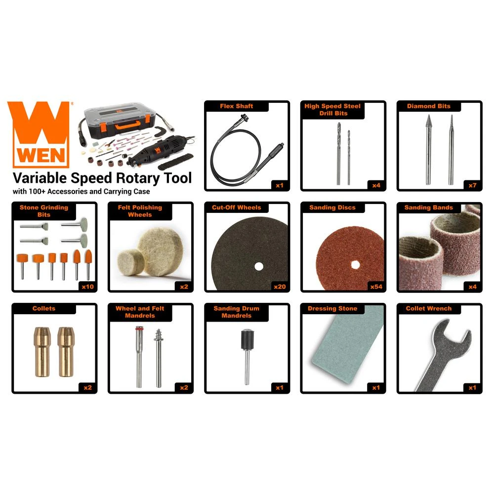 WEN 1 Amp Variable Speed Rotary Tool With 100+ Accessories, Carrying Case And Flex Shaft 7 WEN 1 Amp Variable Speed Rotary Tool With 100+ Accessories, Carrying Case And Flex Shaft - Image 5